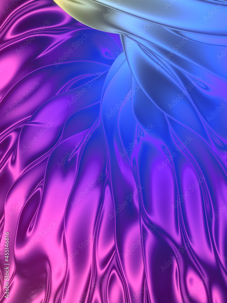 Poster 3d rendering texture with multi colored distorted metallic curved surface. Modern digital illustration