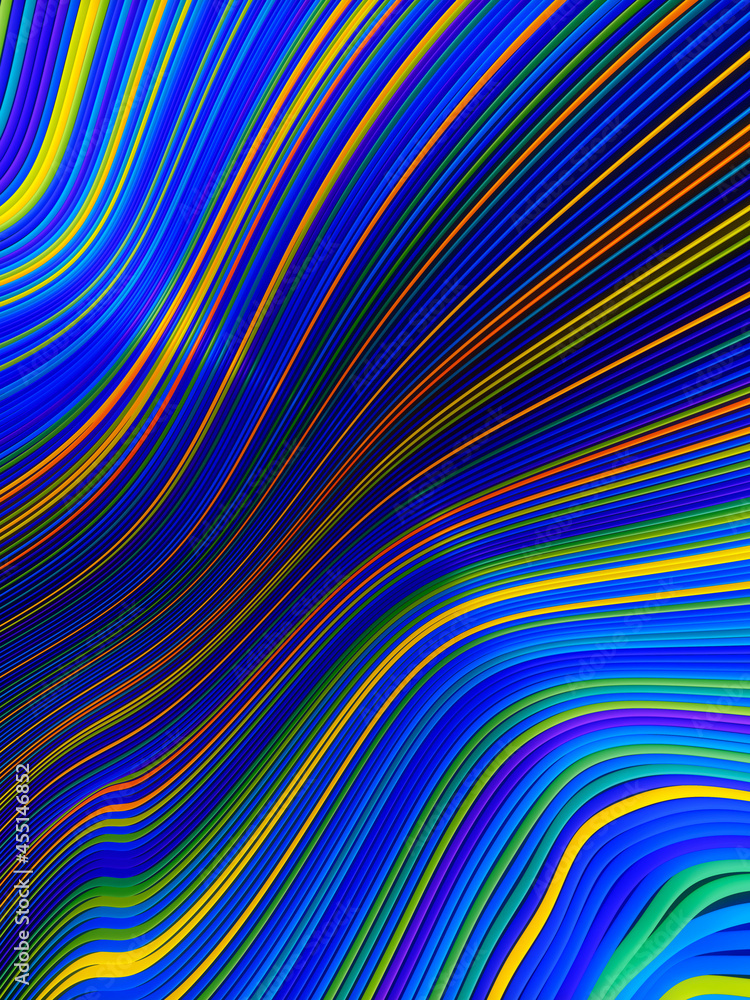 Poster wavy digital illustration of striped pattern iridescent lines. 3d rendering
