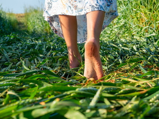 close up of the bare feet of a girl dressed in a dress who is walking on the grass in the evening.