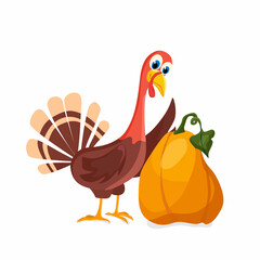 Turkey next to a pumpkin. Vector illustration.