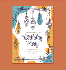 Boho style birthday invitation template graphic design illustration