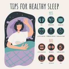 Tips rules for healthy sleep infographic concept. Vector flat cartoon graphic design illustration