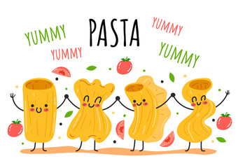 Pasta cartoon doodle characters mascote concept. Vector flat cartoon graphic design illustration