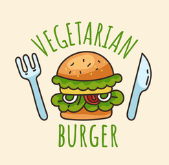 Vegetarian burger logo sticker design concept. Vector flat cartoon graphic design illustration