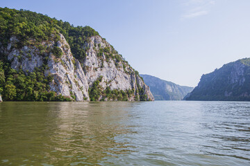 Danube River Nature Landscape. The Iron Gates Gorge, gorge on the river Danube. Eastern Serbia. View From Cruise Ship