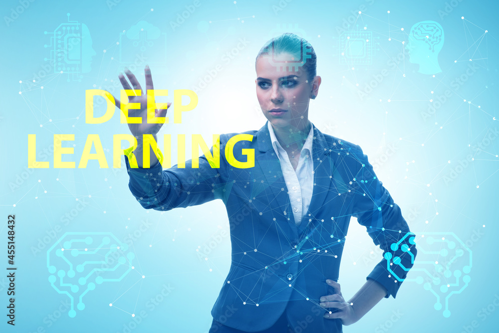 Poster deep learning concept with businessman pressing button