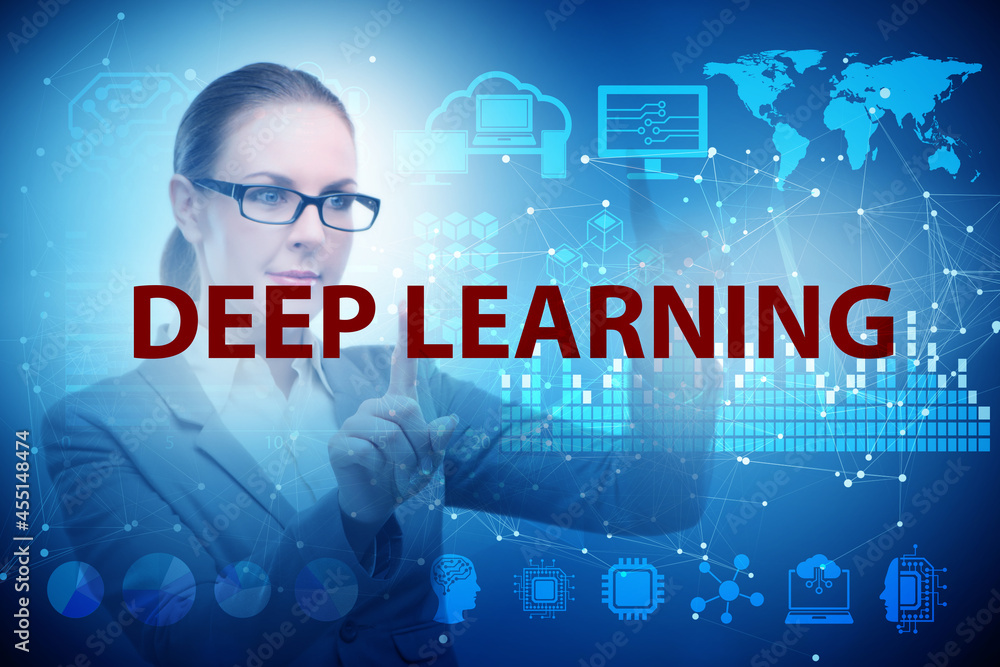 Poster deep learning concept with businessman pressing button