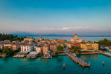 Fototapeta na wymiar Aerial panoramic view of Sirmione city on lake Garda in Lombardy, Italy
