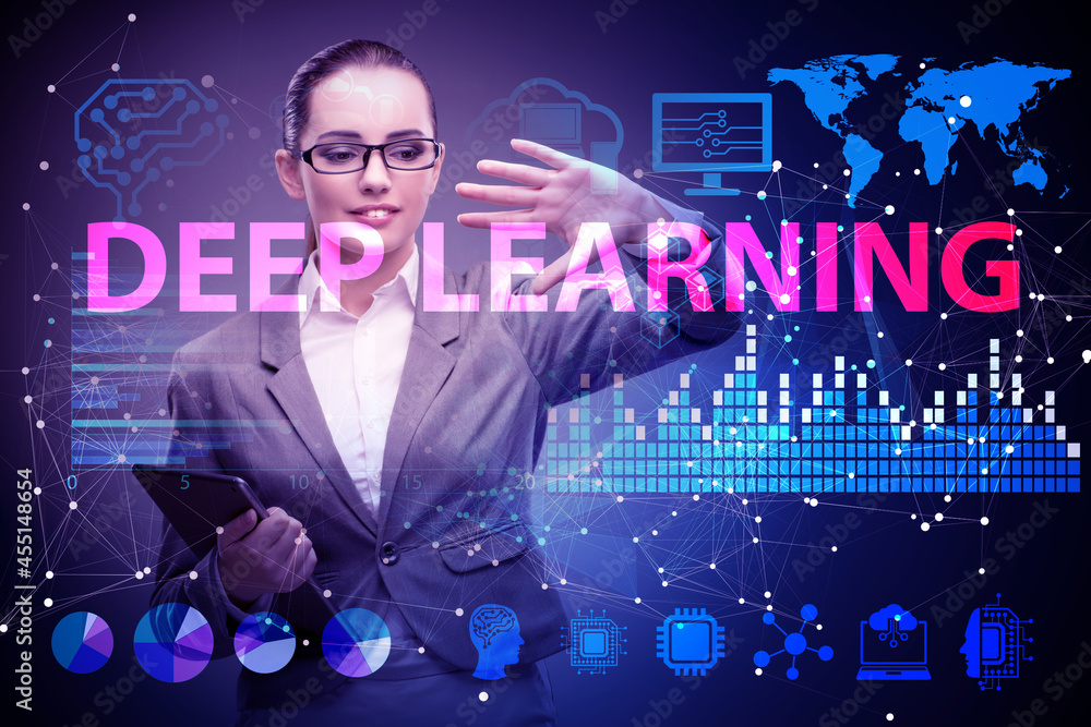 Poster deep learning concept with businessman pressing button