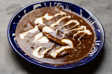 Mexican food. Enchiladas with mole sauce also called Enmoladas on grey background