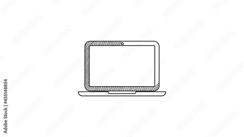 Poster black line laptop icon isolated on white background. computer notebook with empty screen sign. 4k vi