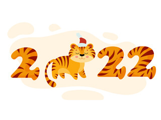 Striped numbers 2022 for the calendar. Past tiger cub Symbol of the new year. Year of the tiger. Vector illustration isolated on white background.