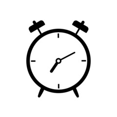 Alarm clock vector icon isolated on white background. Wake up in the morning. Watch time symbol. Simple line style. Clock pictogram. Black silhouette illustration in flat style
