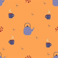 Seamless vector pattern of autumn berries, teapot with cups. Background for a poster or wallpaper, fabrics, Tea seamless pattern with teapots and mugs. Vector graphics