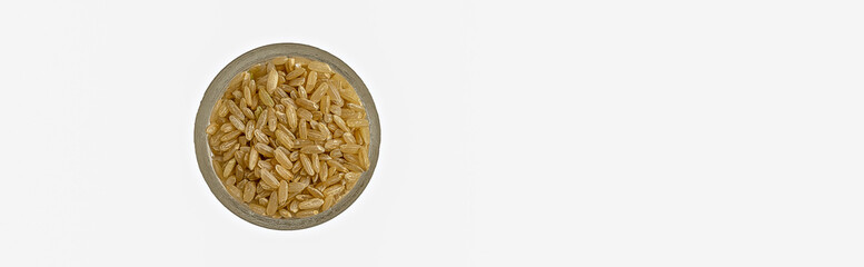 brown rice isolated. uncooked brown rice banner on white background