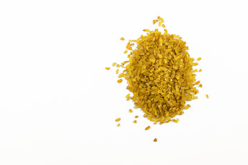 close-up of bulgur isolated top view. pile of bulgur on white background