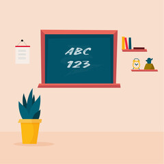 A blackboard, shelves with books , a flower in a pot. Vector illustration . A classroom . A school lesson .