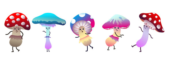  Set of funny psychedelic mushrooms in different poses. Dancing poisonous funny mushrooms