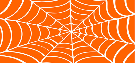 Fototapeta premium White Cobweb, orange background. Vector Spider happy halloween party day logo. Creepy horror insect hush dia 31 october fest. line pattern.
