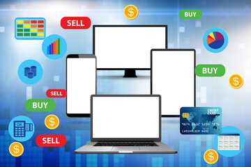 Online currency trading concept with various devices