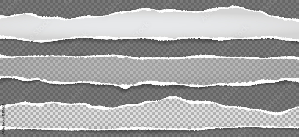 Aufkleber torn, ripped white and grey paper strips with soft shadow are on squared background for text. vector