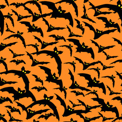 Vector Seamless Pattern with flying black bats on orange background