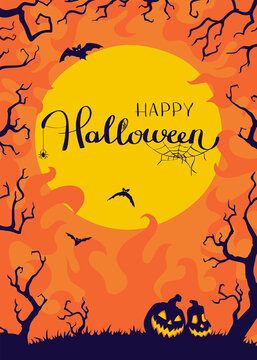 Halloween night background with Moon and Jack O' Lanterns. Vector poster illustration.