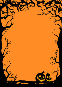 Halloween night background with bats and Jack O' Lanterns. Vector poster illustration with place for your text.
