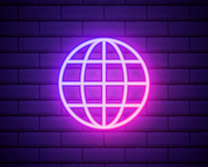 Glowing neon line Earth globe icon isolated on brick wall background. World or Earth sign. Global internet symbol. Geometric shapes. Vector Illustration