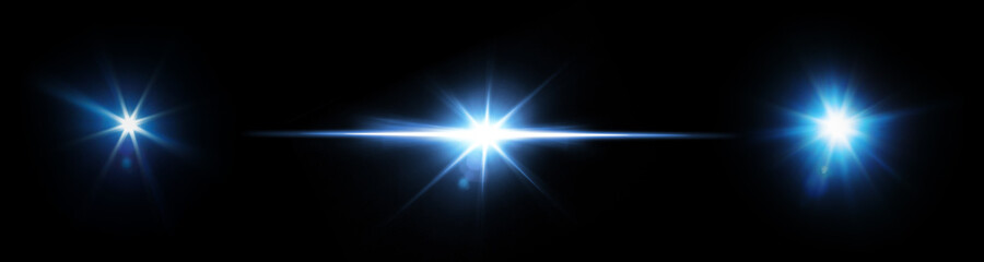 Fototapeta premium Easy to add lens flare effects for overlay designs or screen blending mode to make high-quality images. Set of abstract sun burst, digital flare, iridescent glare over black background.