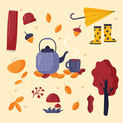 A set of cozy autumn elements: an umbrella, a teapot, autumn leaves , a pumpkin. Flat-style illustration