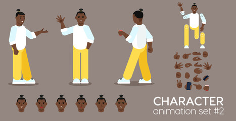 Young african man character animation set.