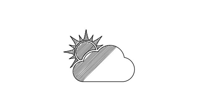 Black line Sun and cloud weather icon isolated on white background. 4K Video motion graphic animation