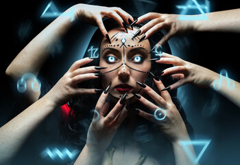 Witch with multiple hands, runic makeup and luminous eyes casting magical spell