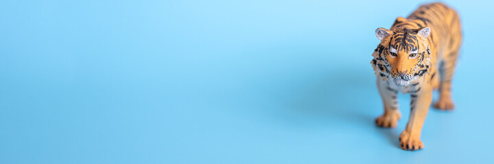 the tiger, symbol of 2022 year. plastic orange toy figure tiger on a blue background. space for text. banner