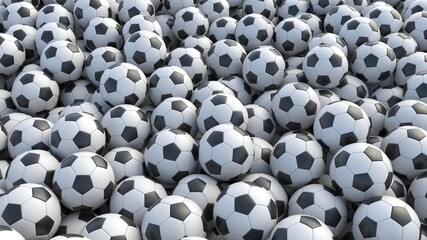 Soccer balls background. Many classic black and white football balls lying in a pile. High resolution 3d render