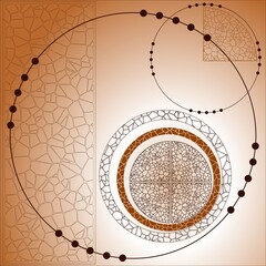 Abstract illustration featuring voronoi-patterned geometric shapes and dotted circles in shades of rust on a gradient rust-white background