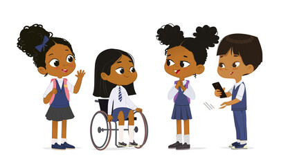 Dark skin little girl in wheelchair greeting multiracial diversity classmates at primary class vector illustration. Elementary pupils wearing school uniform studying at inclusion education isolated - 455154441