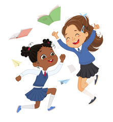 Two diverse elementary classmates in school uniform jumping surrounded by flying notebooks and paper books vector flat illustration. Multiracial schoolgirl rejoicing vacation isolated on white