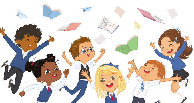 Group diverse elementary classmates in school uniform jumping surrounded by flying notebooks and books. Adorable school boys and girls have fun together horizontal banner isolated
