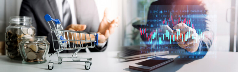 Digital marketing media in virtual screen.businesswoman hand working with mobile phone and modern...