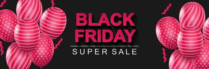 Black Friday super sale banner. Black horizontal background with pink balloons and ribbons. Big seasonal sale discount prices poster. Vector illustration with realistic elements for header website