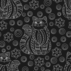Seamless pattern with light contour cats and flowers in stained glass style on a dark background