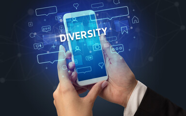 Hand using smartphone with social media concept