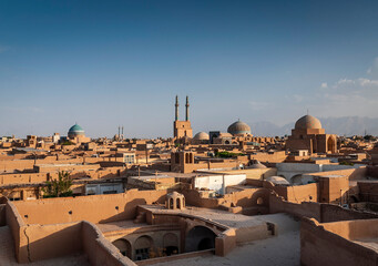 downtown mosque and landscape view of yazd city old town iran