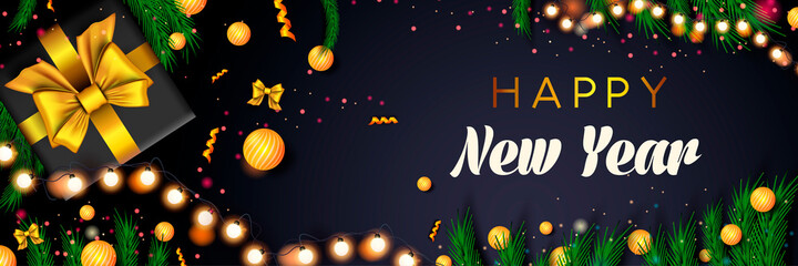 Happy New Year 2022 banner. Holiday Christmas concept dark background. Xmas poster with pine, gift, balls, glowing garland and ribbons. Vector illustration with realistic elements for header website