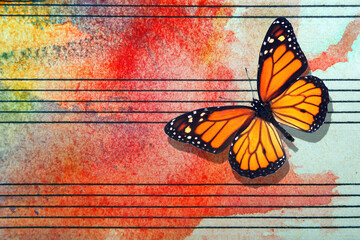 Monarch butterfly and notes. Butterfly melody. Photo of old music sheet in red watercolor paint. Abstract red watercolor background. copy spaces