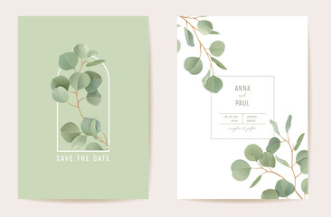 Wedding eucalyptus, green leaf branches floral Save the Date set. Vector realistic leaves greenery boho card