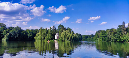 View of the Island of Anti-Circe and Pink Pavilion at the pond at Arboretum Sofiyivka in Uman. Ukraine. Europe	