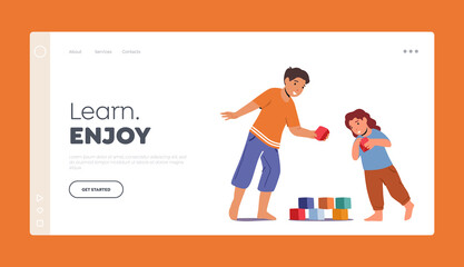 Kids Playing Landing Page Template. Little Boy and Girl Play with Toys Building Tower of Cubes on Floor. Children